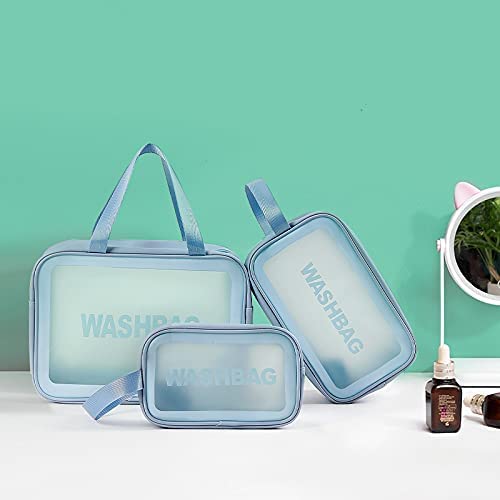 Transparent Makeup & Toiletry Bag Set – Light Blue (3 pcs)