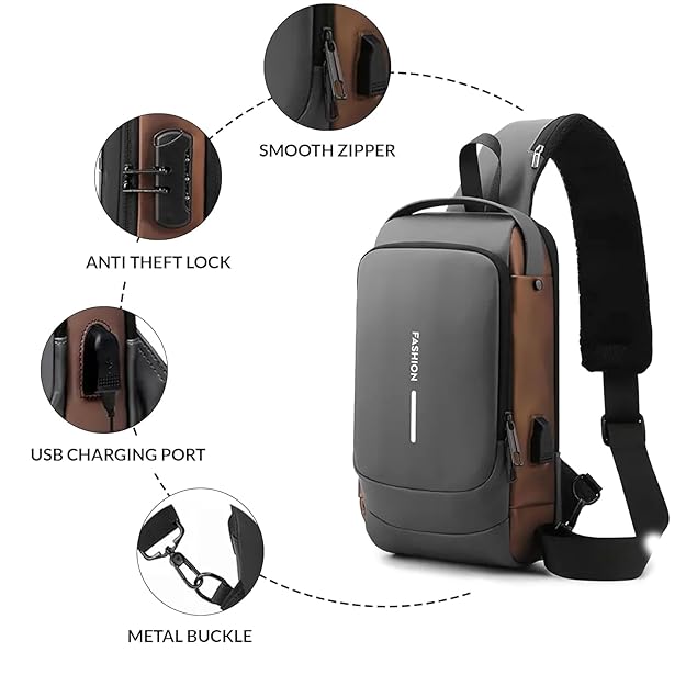 Men’s Slim Anti-Theft Crossbody Sling Bag (Grey & Golden)