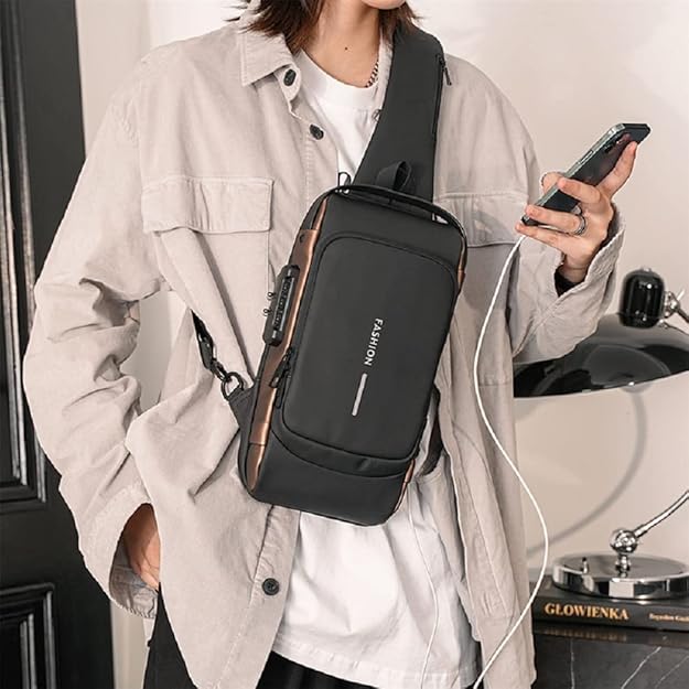 Men’s Slim Anti-Theft Crossbody Sling Bag (Black & Golden&)