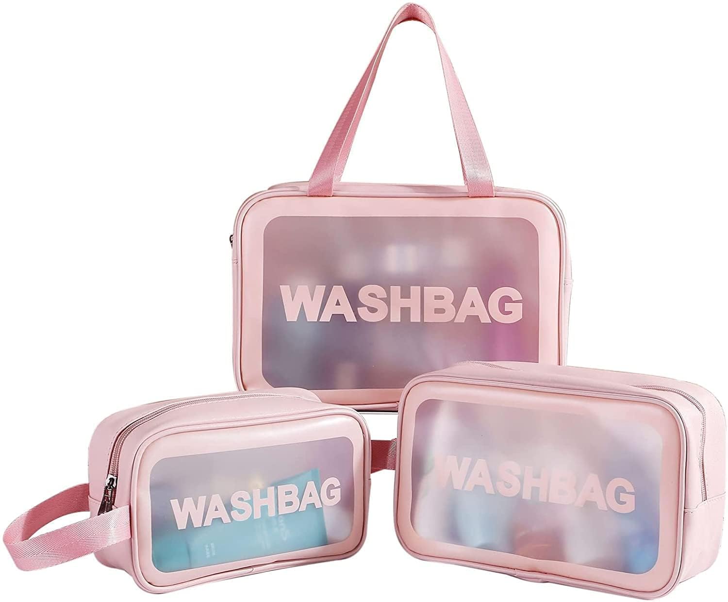 Transparent Makeup & Toiletry Bag Set – Pink (3 pcs)