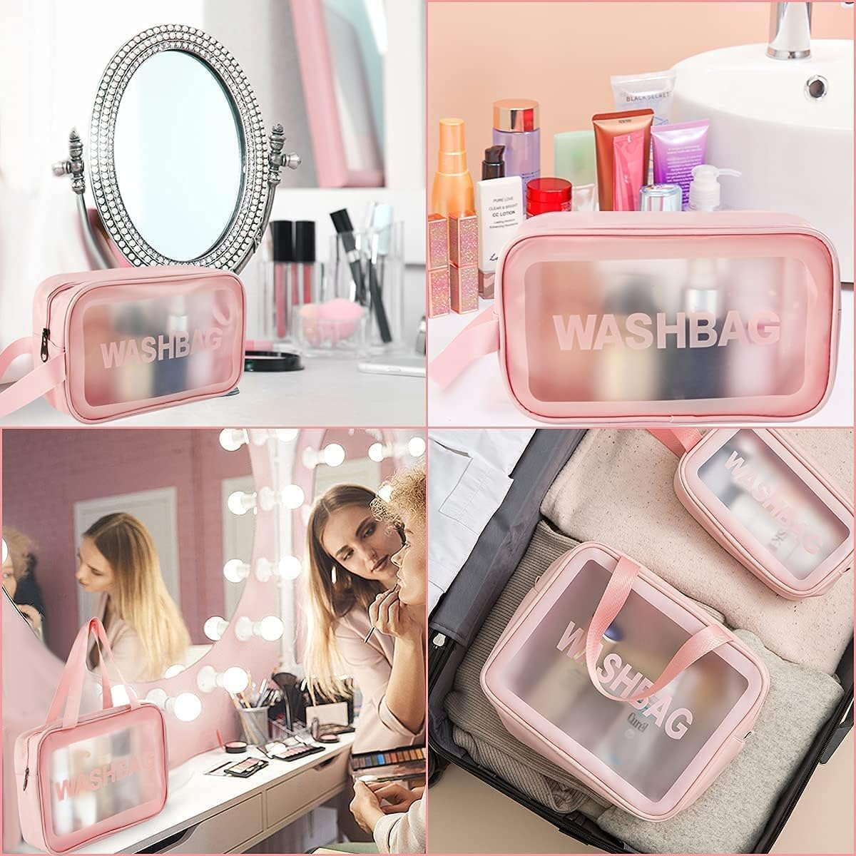 Transparent Makeup & Toiletry Bag Set – Pink (3 pcs)