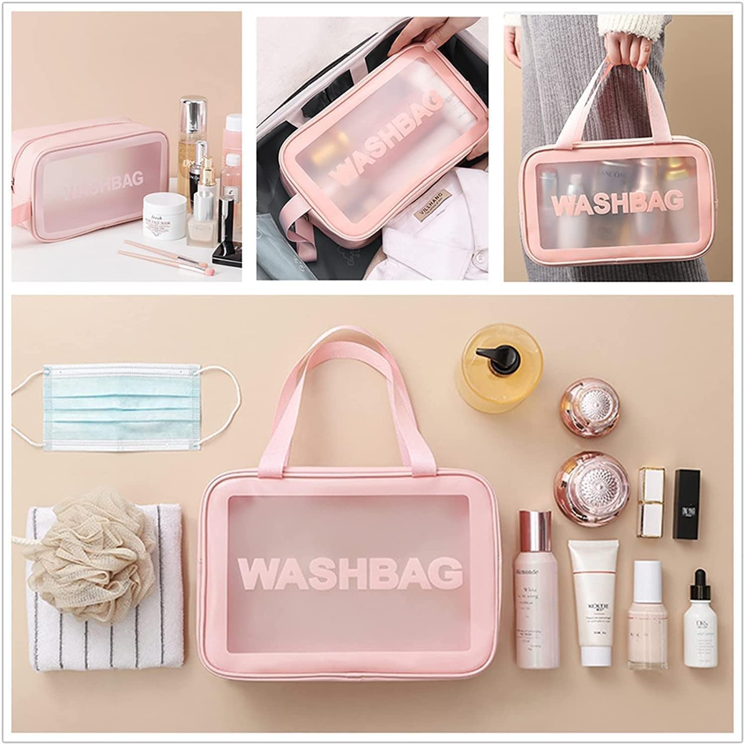 Transparent Makeup & Toiletry Bag Set – Pink (3 pcs)