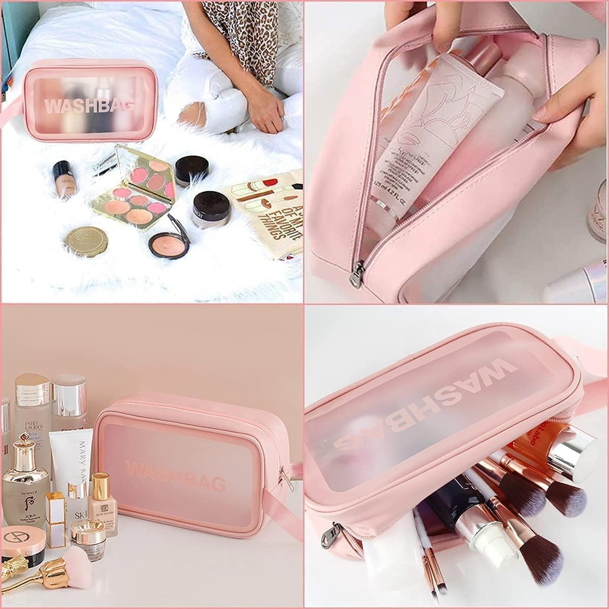 Transparent Makeup & Toiletry Bag Set – Pink (3 pcs)