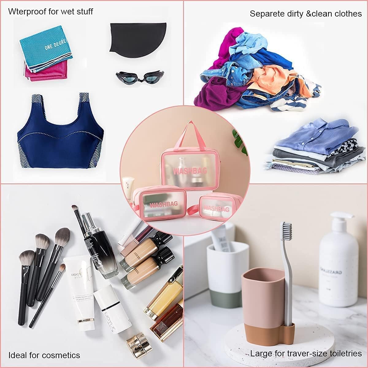 Transparent Makeup & Toiletry Bag Set – Pink (3 pcs)